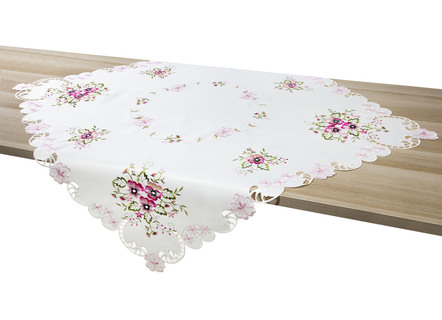 Tischdecken - Tisch- und Raumdekoration mit Stiefmütterchen-Stickereien, in Größe 100 (Deckchen, 30x 45 cm) bis 404 (Kissenbezug, 40x 40 cm), in Farbe LILA – Farbe ROSÉ – Ansicht 