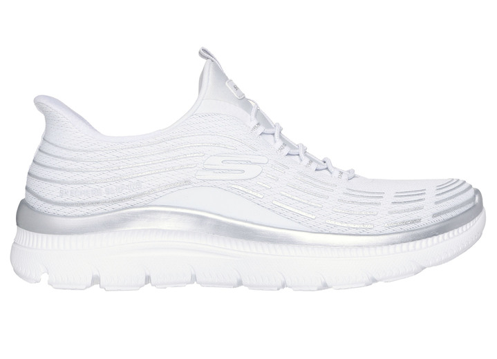 Slipper & Schnürschuhe - SKECHERS, stylische Damen-Sneaker, mit geformter Slip-Ins Fersenplatte, in Größe 036 bis 042, in Farbe DUNKELBLAU-SILBER Ansicht 9