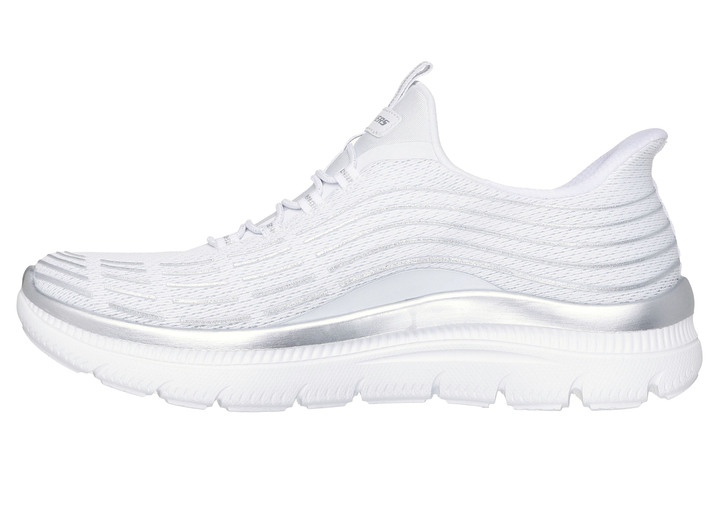 Slipper & Schnürschuhe - SKECHERS, stylische Damen-Sneaker, mit geformter Slip-Ins Fersenplatte, in Größe 036 bis 042, in Farbe WEISS-SILBER Ansicht 5