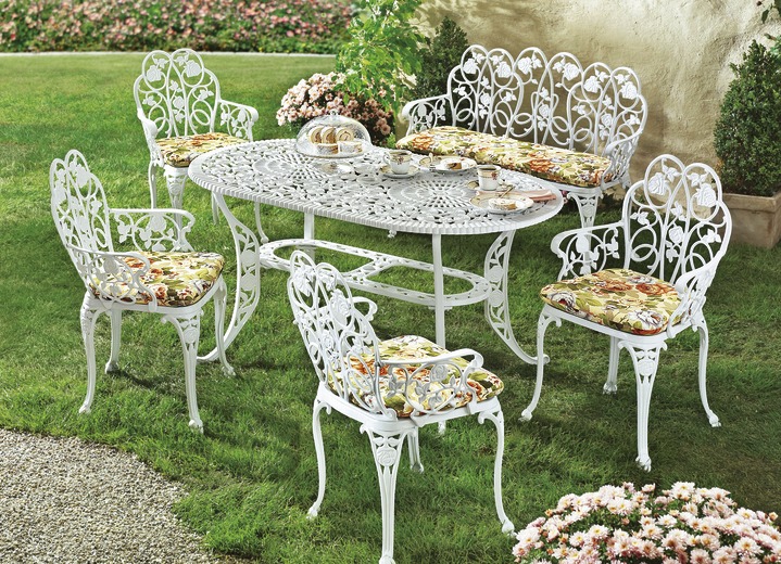 Gartenmöbel - Gartenmöbel Dornröschen aus solidem Aluminiumguss, in Farbe WEISS, in Ausführung Runder Tisch mit 4 Sesseln Ansicht 1