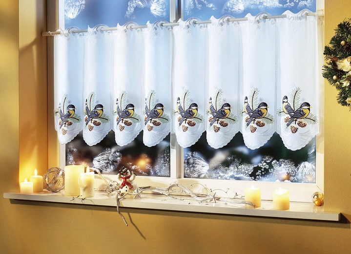 Landhaus & Küche - Kurzstore Vögel mit Plauener Stickerei, in Größe 788 (H45xB96 cm) bis 793 (H45xB192 cm), in Farbe WEISS-BLAU Ansicht 1