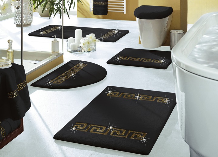 - Luxus-Badgarnituren aus dem Hause RHOMTUFT, in Größe 100 (Vorleger halbrund, 50/ 80 cm) bis 112 (WC-Deckelbezug 45/ 50 cm), in Farbe SCHWARZ-GOLD