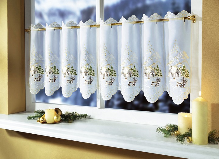 Fensterdekorationen - Kurzstore mit herrlichem Weihnachts-Dessin, in Größe 662 (H30xB128 cm) bis 829 (H50xB175 cm), in Farbe WEISS-GRÜN