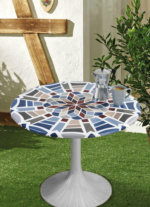 Gartentischdecken - Spann-Tischdecke mit Mosaik-Dessin, in Größe 150 (ø 70–86 cm) bis 190 (ø 85–105 cm), in Farbe BLAU Ansicht 1