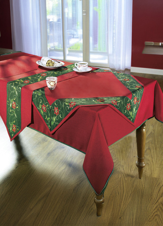 Tischdecken - Traditionelle Tisch- und Raumdekoration mit Ilexzweig-Motiven, in Größe 100 (Platz-Set, 2-teilig, 35/50 cm) bis 404 (Kissenhülle, 40/40 cm), in Farbe ROT-GRÜN-GOLD Ansicht 1