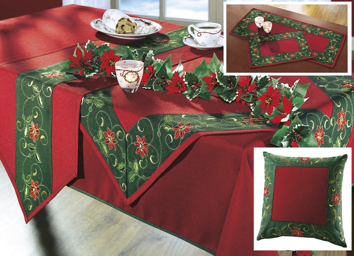 Tischdecken - Traditionelle Tisch- und Raumdekoration mit Ilexzweig-Motiven, in Größe 100 (Platz-Set, 2-teilig, 35/50 cm) bis 404 (Kissenhülle, 40/40 cm), in Farbe ROT-GRÜN-GOLD