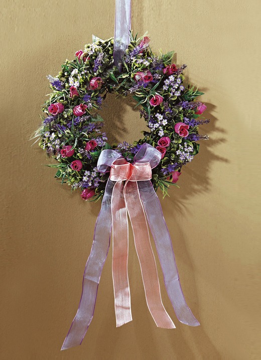 Kunst- & Textilpflanzen - Wandkranz mit Rosen, Vergissmeinnicht und Lavendel, in Farbe