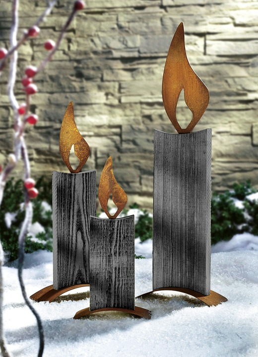 Winterlicher Garten - Deko-Objekt Kerze aus Fichtenholz und Stahlblech, in Farbe GRAU, in Ausführung Höhe 38 cm
