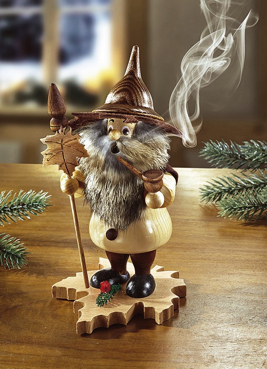 Aus dem Erzgebirge - Räuchermännchen mit flauschigem Rauschebart, in Farbe