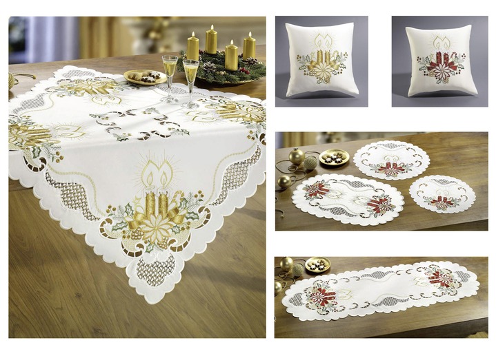 Wohnaccessoires - Tisch- und Raumdekoration mit feinen Stickerei-Einsätze, in Größe 101 (Läufer oval, 35x 50 cm) bis 404 (Kissenbezug, 40x 40 cm), in Farbe GOLD Ansicht 1