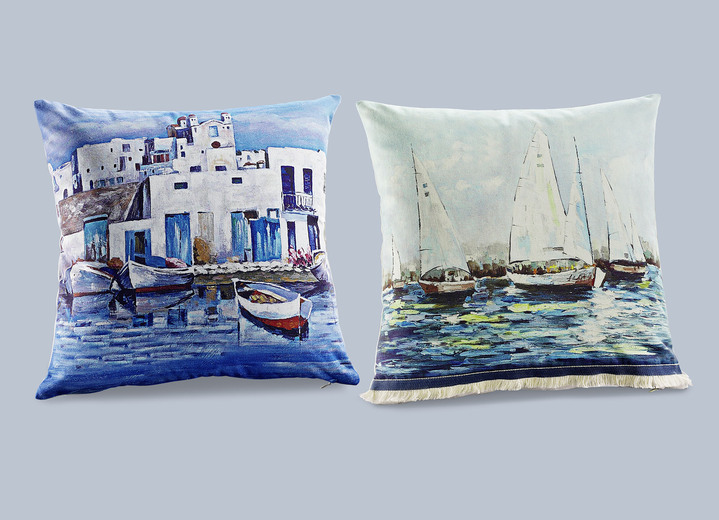 Kissenbezüge - Kissenhüllen mit den bildhübschen maritimen Dessins, in Farbe BLAU, in Ausführung Boote