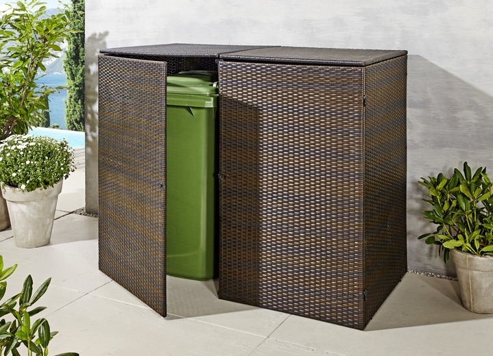 Gartenzubehör - Doppel-Mülltonnenschrank mit witterungsbeständigem Kunststoffgeflecht, in Farbe BRAUN, in Ausführung Für 2 kleine Tonnen