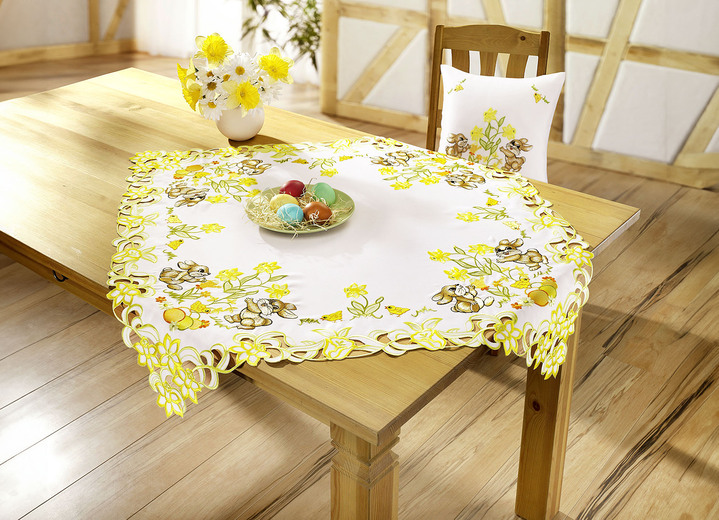 Tischdecken - Tisch- und Raumdekoration mit Hasen-Motiven, in Größe 101 (Läufer, 40x 85 cm) bis 404 (Kissenbezug, 40x 40 cm), in Farbe SEKT/BUNT Ansicht 2