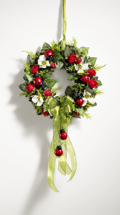 Osterkränze & Gestecke - Wandkranz mit Rosen und Marienkäfern, in Farbe