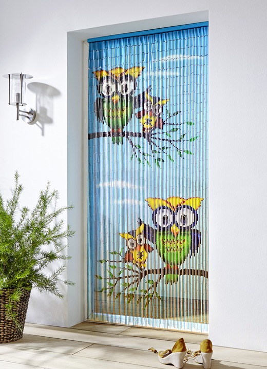 Sichtschutz und Sonnenschutz - Von Hand bemalter Bambusvorhang mit Eulen Motiv, in Farbe BUNT