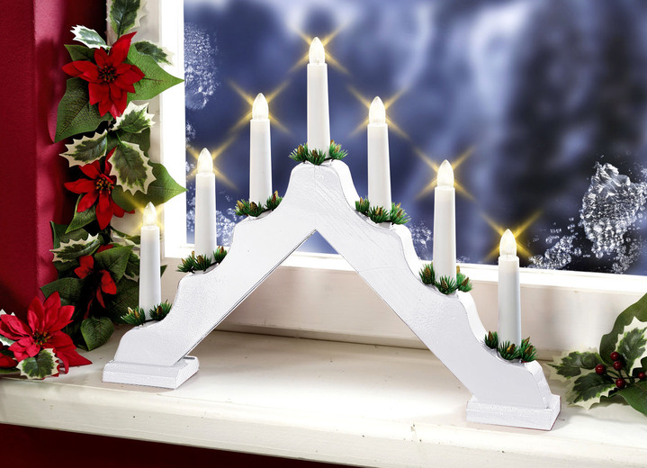 Weihnachtliche Dekorationen - Leuchter, 7-flammig, aus Holz, in Farbe WEIß Ansicht 1