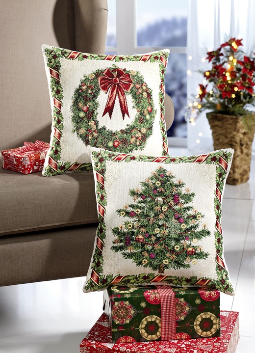 Kissenbezüge - Kissenbezüge mit weihnachtlichem Motiv, 2er-Set, in Farbe TANNENB.+KRANZ