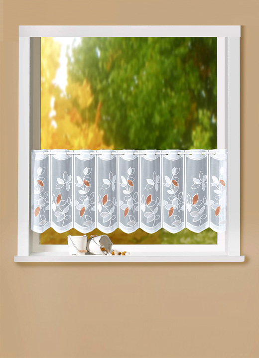 Herbstimpressionen - Kurzstore Blätter mit Stangendurchzug, in Größe 788 (H45xB105 cm) bis 862 (H60xB150 cm), in Farbe WEISS-BRAUN Ansicht 1