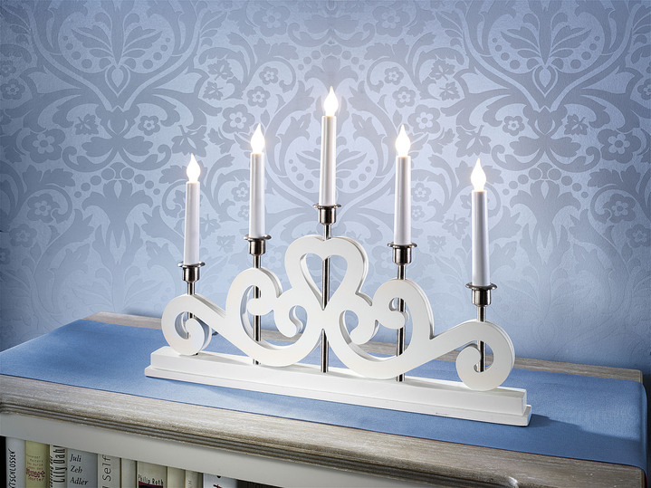 Weihnachtliche Dekorationen - Leuchter aus Holz, in Farbe WEISS, in Ausführung Leuchter 5-flammig Ansicht 2