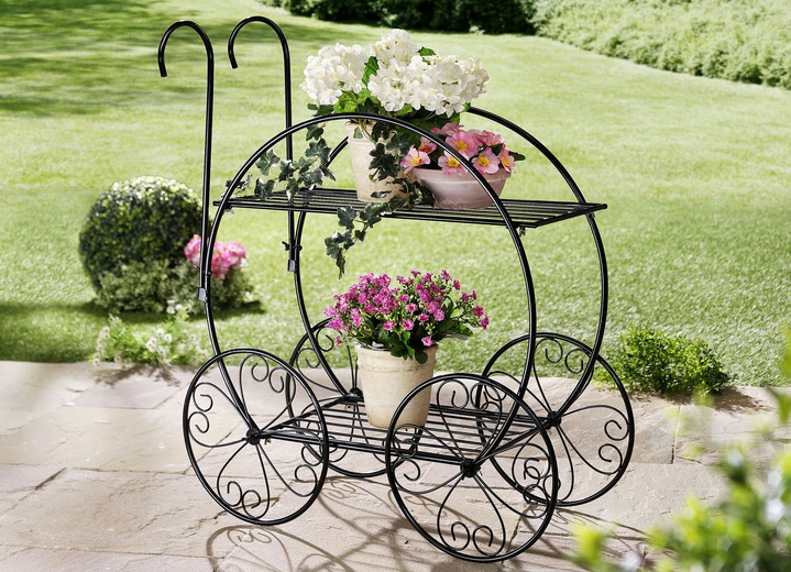 Gartendekoration - Blumenständer aus Eisen mit dekorativen Rädern, in Farbe SCHWARZ