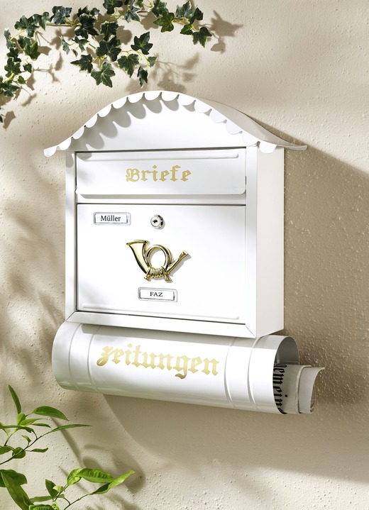 Gartenzubehör - Briefkasten aus verzinktem Stahl mit Zeitungsrohr, in Farbe WEISS
