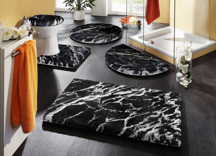 Badgarnituren - Badgarnitur von Grund mit Marmor-Dessin Ansicht 7 Badgarnituren - Badgarnitur von Grund mit Marmor-Dessin, in Größe 100 (Vorleger halbrund, 50x 80 cm) bis 112 (Motiv-WC-Deckelbezug, 47x 50 cm), in Farbe WEISS Ansicht 7