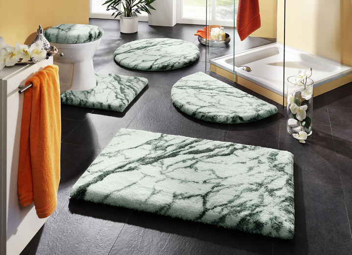 Badgarnituren - Badgarnitur von Grund mit Marmor-Dessin Ansicht 3 Badgarnituren - Badgarnitur von Grund mit Marmor-Dessin, in Größe 100 (Vorleger halbrund, 50x 80 cm) bis 112 (Motiv-WC-Deckelbezug, 47x 50 cm), in Farbe WEISS Ansicht 3