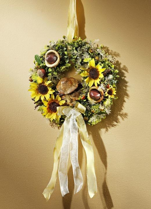 Kunst- & Textilpflanzen - Wandkranz mit Sonnenblumen, Kastanien und Pilzen, in Farbe GELB-GRÜN
