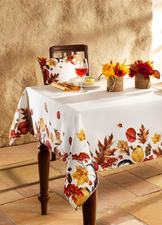 Tischdecken - Raumdekoration mit Herbstlaub-Dessin, in Größe 146 (Läufer, 40x 90 cm) bis 404 (Kissenbezug, 40x 40 cm), in Farbe CREMÉ/BUNT Ansicht 5