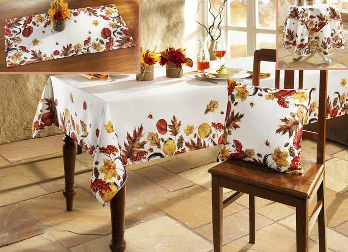 Tischdecken - Raumdekoration mit Herbstlaub-Dessin, in Größe 146 (Läufer, 40x 90 cm) bis 404 (Kissenbezug, 40x 40 cm), in Farbe CREMÉ/BUNT Ansicht 1