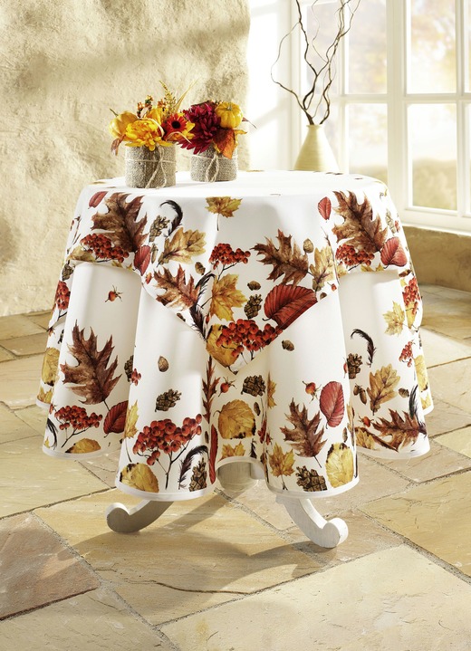 Tischdecken - Raumdekoration mit Herbstlaub-Dessin, in Größe 146 (Läufer, 40x 90 cm) bis 404 (Kissenbezug, 40x 40 cm), in Farbe CREMÉ/BUNT Ansicht 2