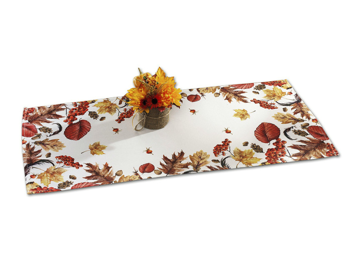 Tischdecken - Raumdekoration mit Herbstlaub-Dessin, in Größe 146 (Läufer, 40x 90 cm) bis 404 (Kissenbezug, 40x 40 cm), in Farbe CREMÉ/BUNT Ansicht 1