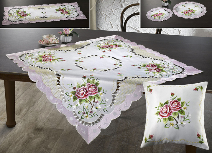 Tischdecken - Tisch- und Raumdekoration mit Rosendessin, in Größe 101 (Deckchen, 35x 50 cm) bis 404 (Kissenbezug, 40x 40 cm), in Farbe SEKT