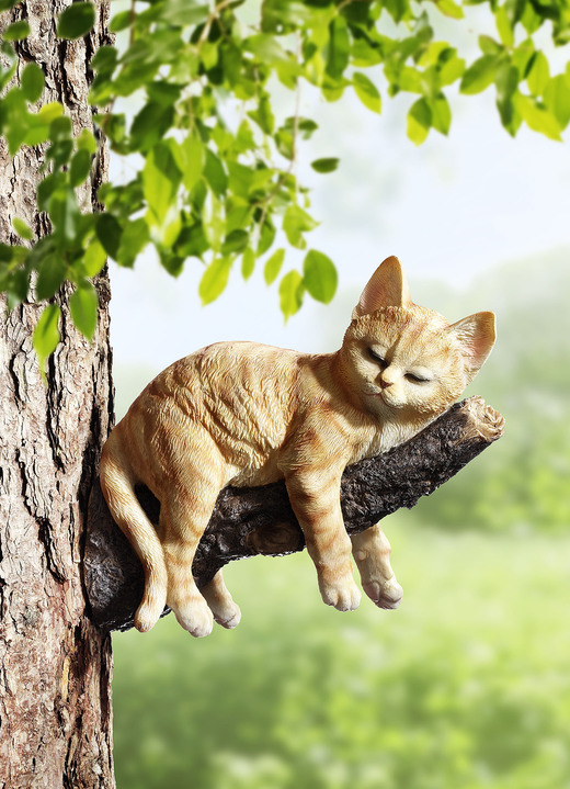 Gartendekoration - Schlafende Katze auf Ast aus Polyresin, in Farbe ROT Ansicht 1