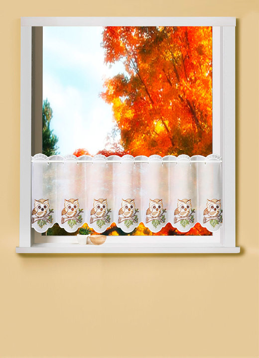 Herbstimpressionen - Kurzstore mit Plauener Stickerei, in Größe 788 (H40xB 95 cm) bis 793 (H40xB193 cm), in Farbe WEISS-BRAUN Ansicht 1