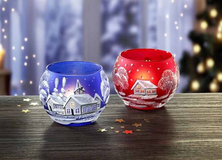 Weihnachtliche Dekorationen - Teelichthalter aus Glas im 2er-Set, in Farbe ROT-DUNKELBLAU Ansicht 1