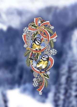 Fensterbild Blaumeisen aus echter Plauener Spitze