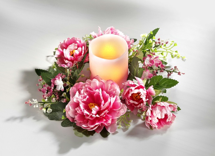 Kunst- & Textilpflanzen - Tischkranz mit LED-Kerze, in Farbe ROSA