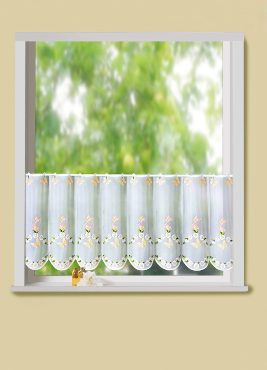 Landhaus & Küche - Kurzstore mit echter Plauener Stickerei , in Größe 661 (H30xB 95 cm) bis 876 (H50xB160 cm), in Farbe WEIß-BUNT Ansicht 1