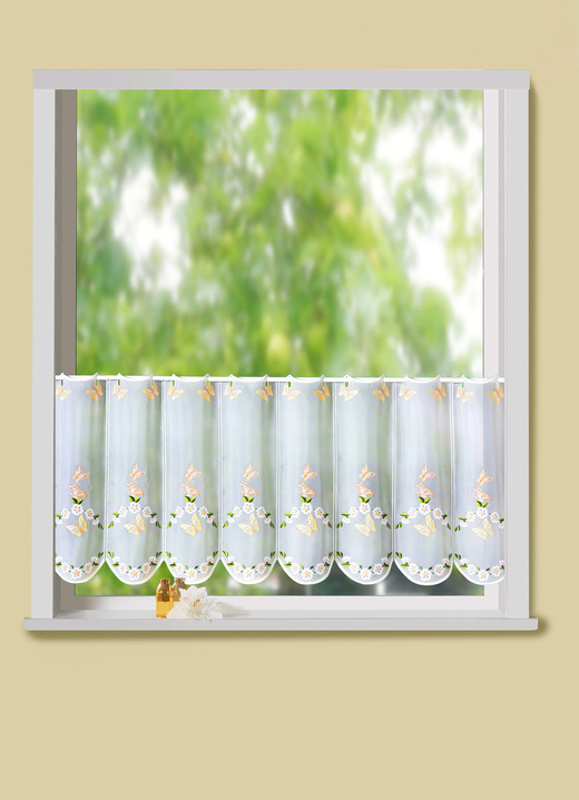 - Kurzstore mit echter Plauener Stickerei, in Größe 661 (H30xB 95 cm) bis 876 (H50xB160 cm), in Farbe WEISS-BUNT Ansicht 1