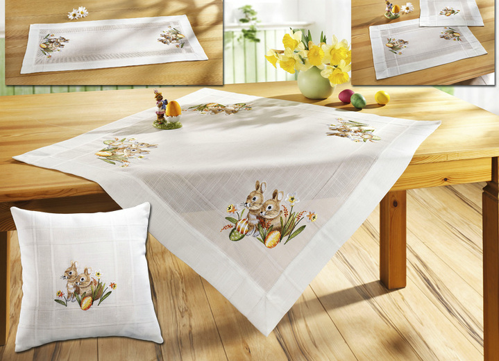 Tischdecken - Niedliche Häschen zieren diese hübschen Accessoires, in Größe 102 (Läufer, 40x 85 cm) bis 404 (Kissenbezug, 40x 40 cm), in Farbe SEKT-BUNT
