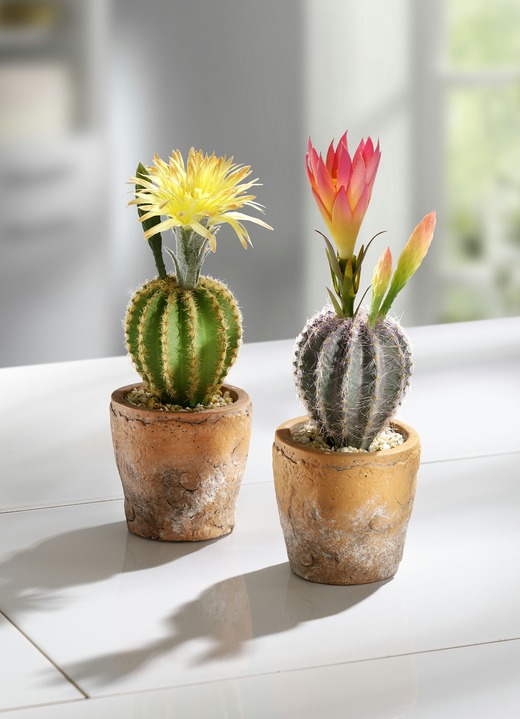 Kunst- & Textilpflanzen - Kaktus mit Blüte in Terrakottatopf, in Farbe GELB, in Ausführung Kaktus mit gelber Blüte