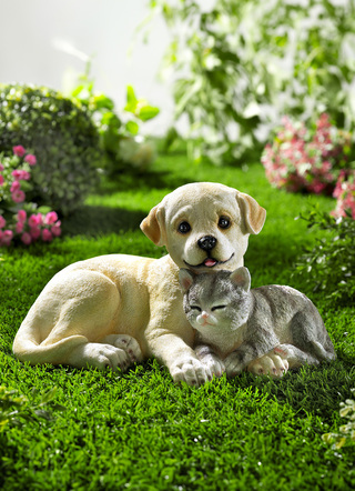 Gartendekoration - Hund und Katze aus Polyresin, in Farbe BEIGE-GRAU-WEISS