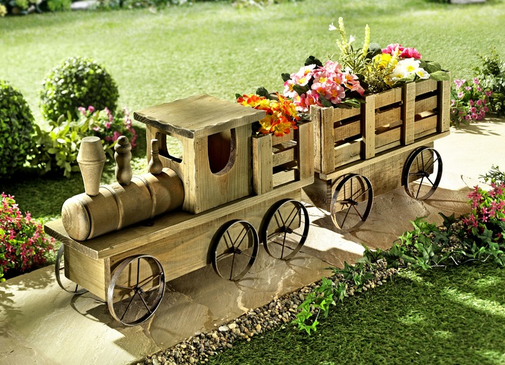 Blumentöpfe und Pflanzgefäße - Pflanz-Zug aus Kiefernholz und Eisen, in Farbe BRAUN