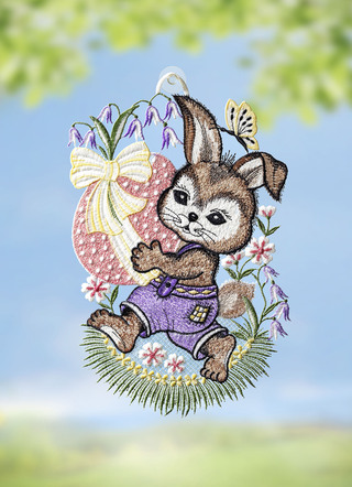Fensterbilder - Fensterbild Osterhase mit Ei aus Plauener Spitze – Farbe BUNT Fensterbilder - Fensterbild Osterhase mit Ei aus Plauener Spitze, in Farbe BUNT