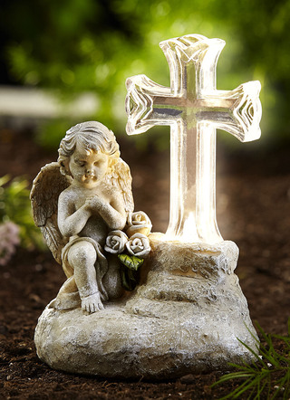 Leuchtende Dekoration - Solar-Gedenkengel aus wetterfestem Kunststein, in Farbe BEIGE – Farbe BEIGE – Ansicht 