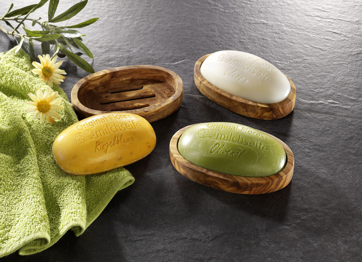 Körperpflege & Kosmetik - Schafsmilchseife mit hochwertiger Olivenholzschale, in Farbe ORANGE, in Ausführung Ringelblume