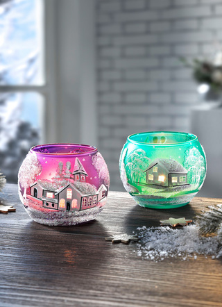 - Handbemalte Teelichthalter, 2er-Set, in Farbe GRÜN-LILA