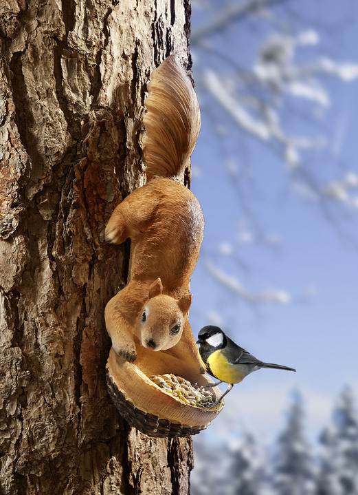 Winterlicher Garten - Eichhörnchen mit Futterschale, in Farbe BRAUN-WEISS