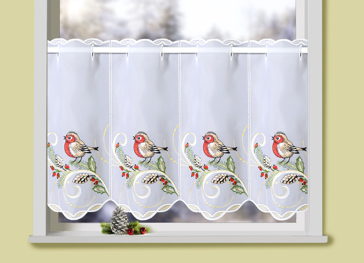 Landhaus & Küche - Kurzstore mit echter Plauener Stickerei und Stangendurchzug, in Größe 822 (H35xB 80 cm) bis 862 (H55xB144 cm), in Farbe WEISS-BUNT Ansicht 2